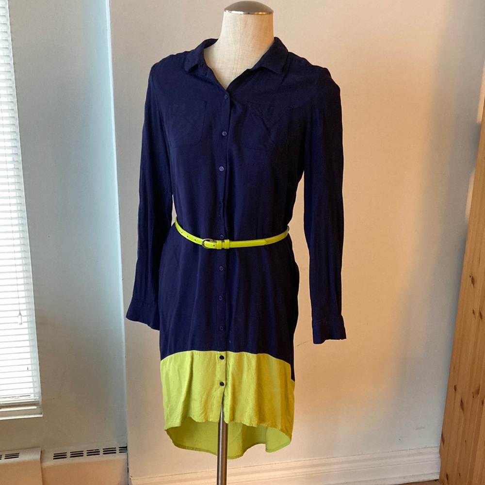 Jessica Simpson navy & neon green asymmetrical shirt dress